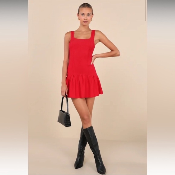 Red Knit Drop Waist Mini Dress - Picture 1 of 6